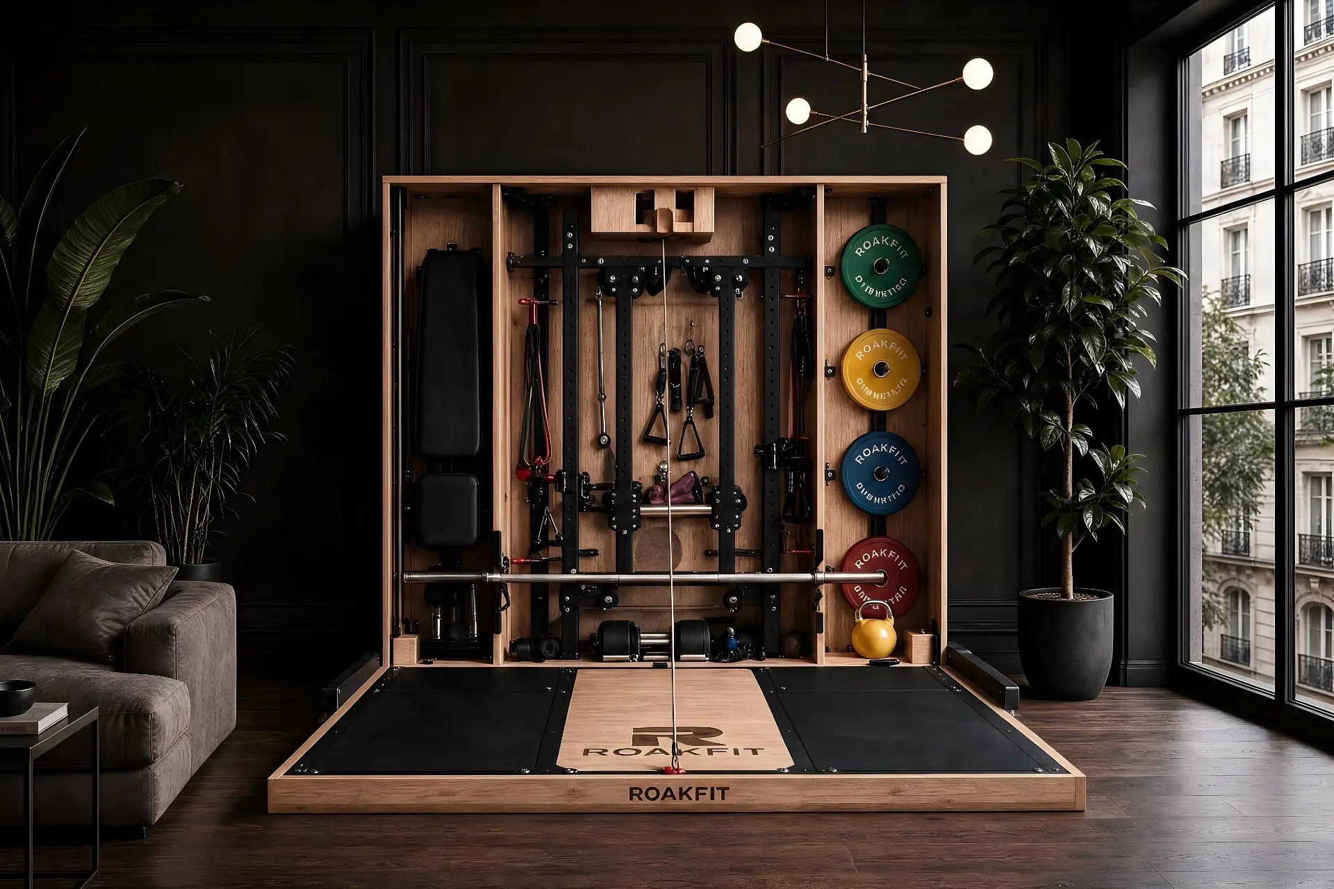 Detail of the ROAKFIT interior: uprights and rack deployed from the cabinet